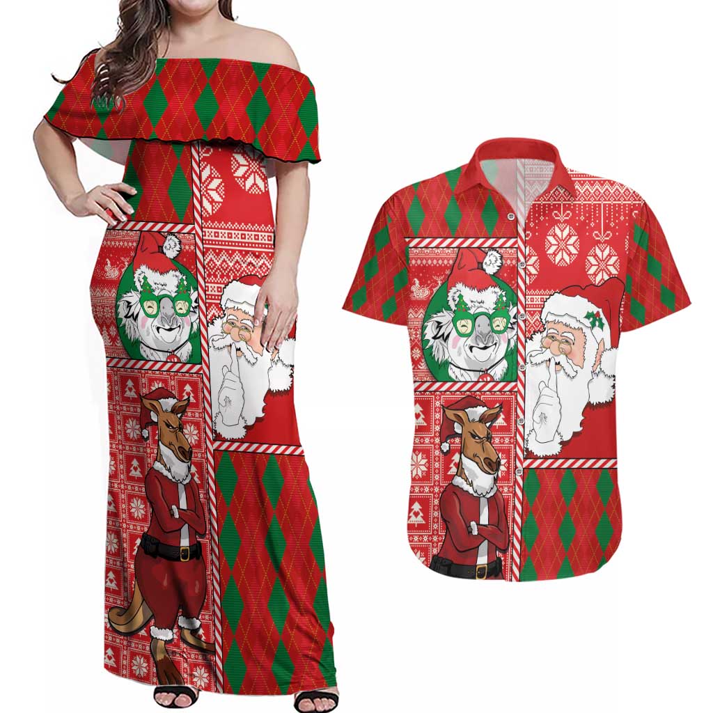 Australian Christmas Couples Matching Off Shoulder Maxi Dress and Hawaiian Shirt - Santa Koala Kangaroo and Holiday Cheer