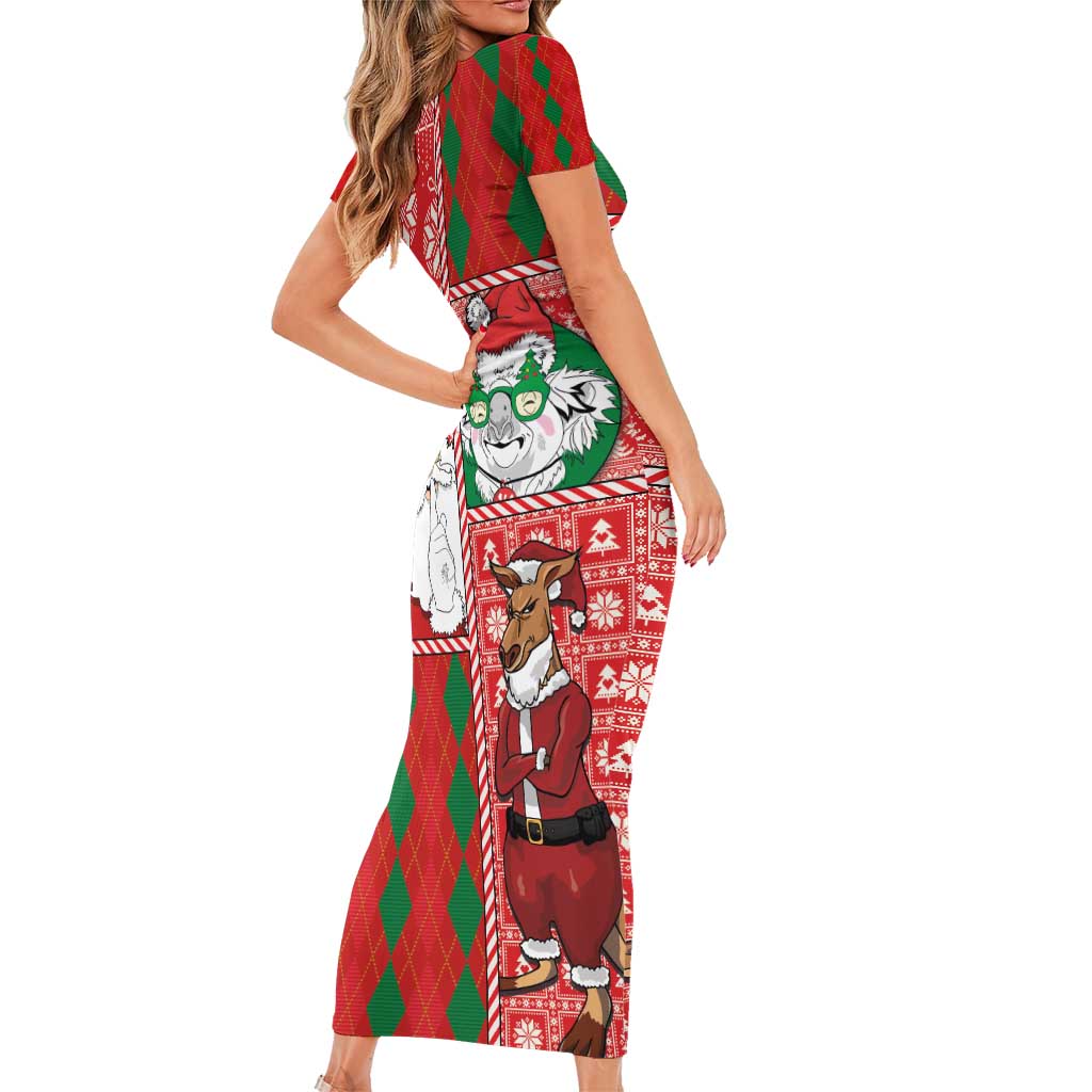Australian Christmas Short Sleeve Bodycon Dress - Santa Koala Kangaroo and Holiday Cheer LT03 - Polynesian Pride