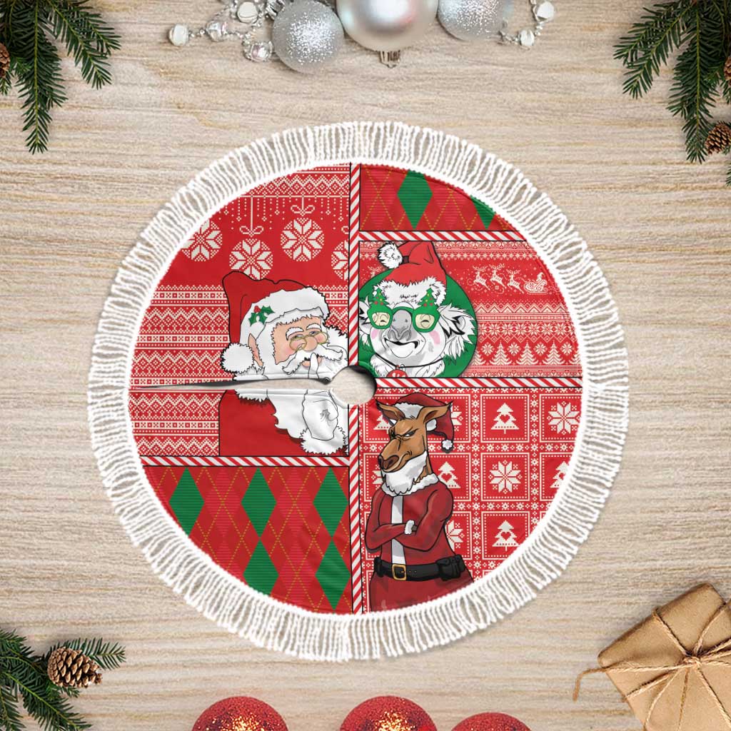 Australian Christmas Tree Skirt - Santa Koala Kangaroo and Holiday Cheer LT03 Fringed Red - Polynesian Pride