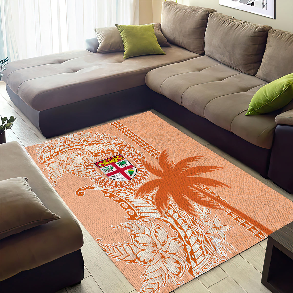 Bula Fiji Area Rug Tropical Flower and Tapa Pattern Peach Fuzz Color LT03 - Polynesian Pride