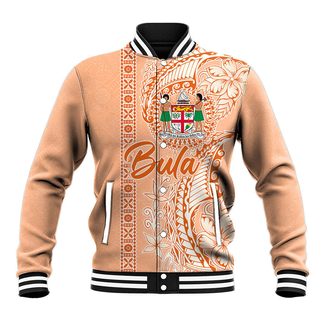 Bula Fiji Baseball Jacket Tropical Flower and Tapa Pattern Peach Fuzz Color LT03 Unisex Peach Fuzz - Polynesian Pride