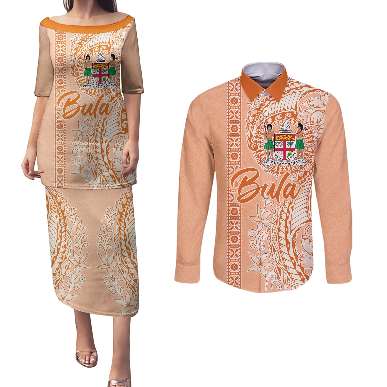 Bula Fiji Couples Matching Puletasi Dress and Long Sleeve Button Shirt Tropical Flower and Tapa Pattern Peach Fuzz Color LT03 Peach Fuzz - Polynesian Pride