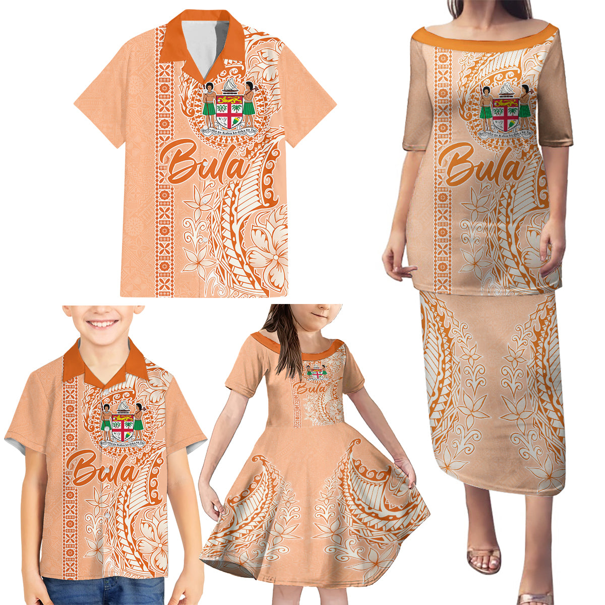 Bula Fiji Family Matching Puletasi Dress and Hawaiian Shirt Tropical Flower and Tapa Pattern Peach Fuzz Color LT03 - Polynesian Pride