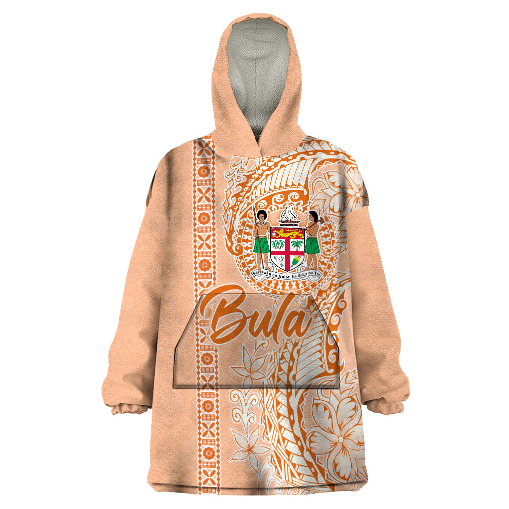 Bula Fiji Wearable Blanket Hoodie Tropical Flower and Tapa Pattern Peach Fuzz Color LT03 One Size Peach Fuzz - Polynesian Pride