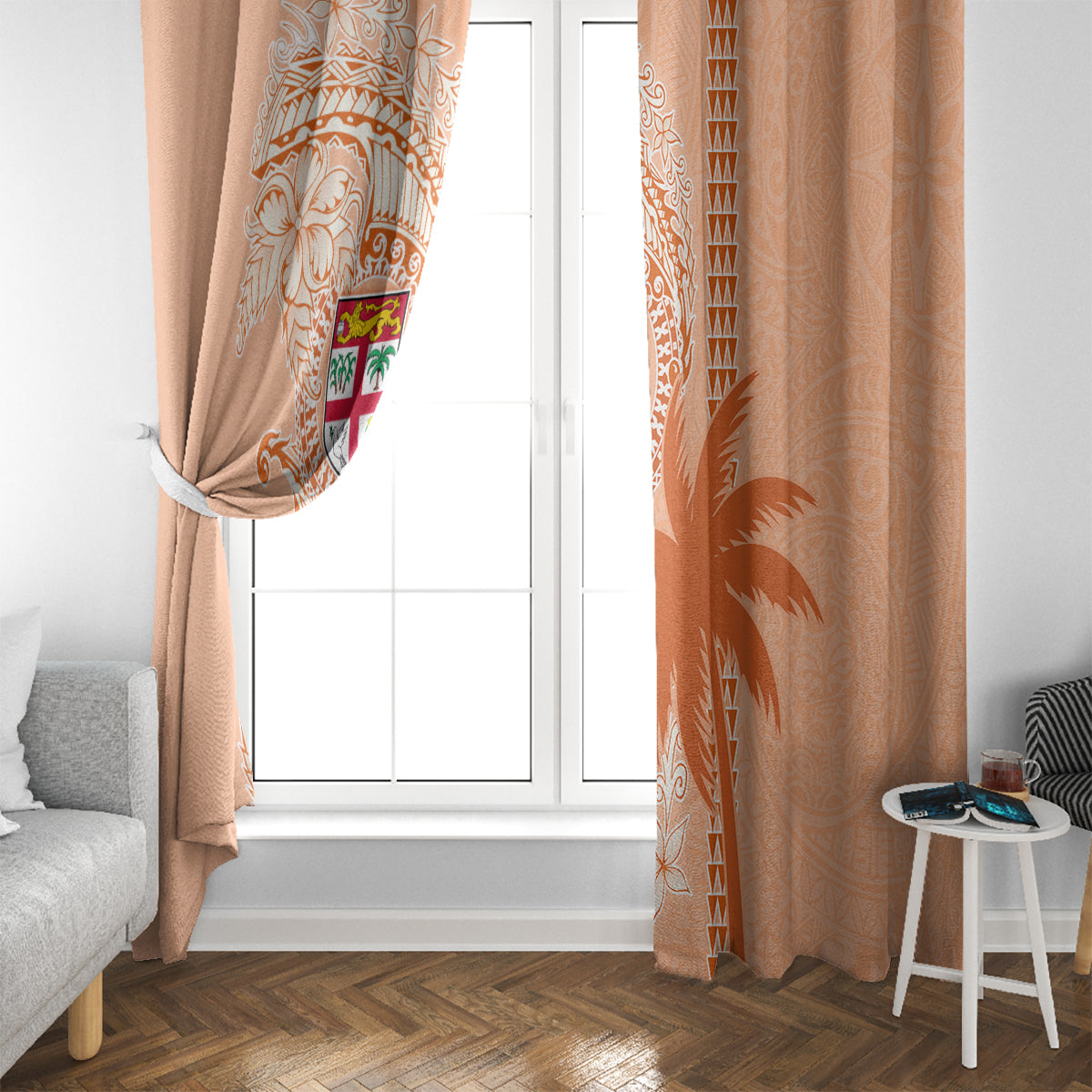 Bula Fiji Window Curtain Tropical Flower and Tapa Pattern Peach Fuzz Color LT03 - Polynesian Pride