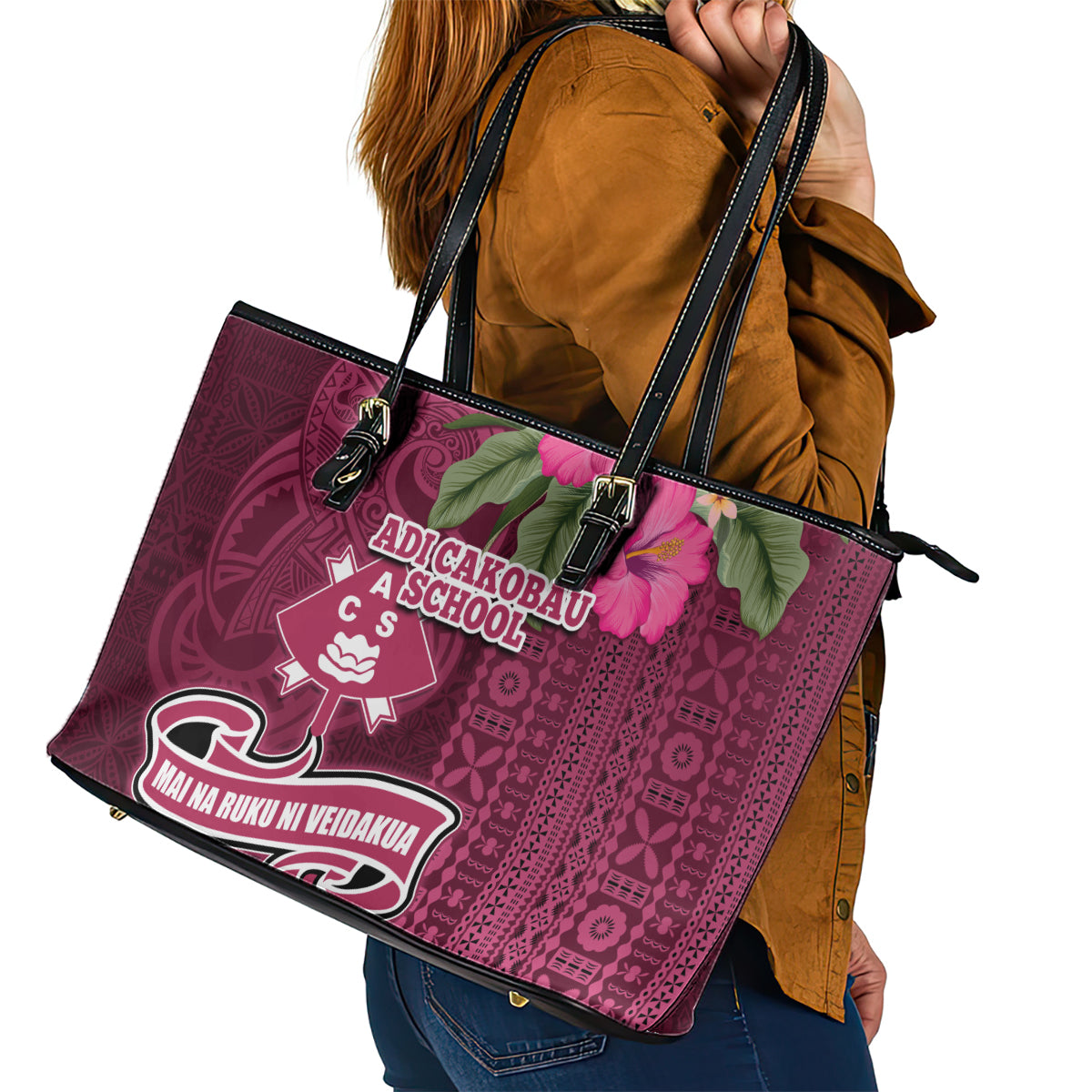 Fiji Adi Cakobau School Leather Tote Bag Tropical Flower and Tapa Pattern LT03 - Polynesian Pride