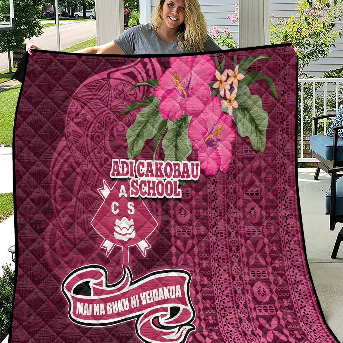 Fiji Adi Cakobau School Quilt Tropical Flower and Tapa Pattern LT03 Pink - Polynesian Pride