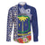 Fiji Natabua High School Family Matching Off Shoulder Long Sleeve Dress and Hawaiian Shirt Tropical Flower and Tapa Pattern Blue Style LT03 Dad's Shirt - Long Sleeve Blue - Polynesian Pride