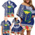 Fiji Natabua High School Family Matching Off Shoulder Short Dress and Hawaiian Shirt Tropical Flower and Tapa Pattern Blue Style LT03 - Polynesian Pride