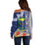 Fiji Natabua High School Off Shoulder Sweater Tropical Flower and Tapa Pattern Blue Style LT03 - Polynesian Pride