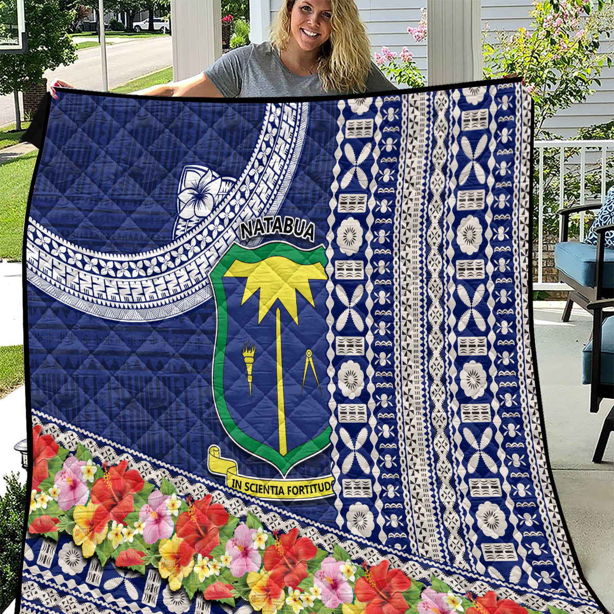 Fiji Natabua High School Quilt Tropical Flower and Tapa Pattern Blue Style LT03 Blue - Polynesian Pride