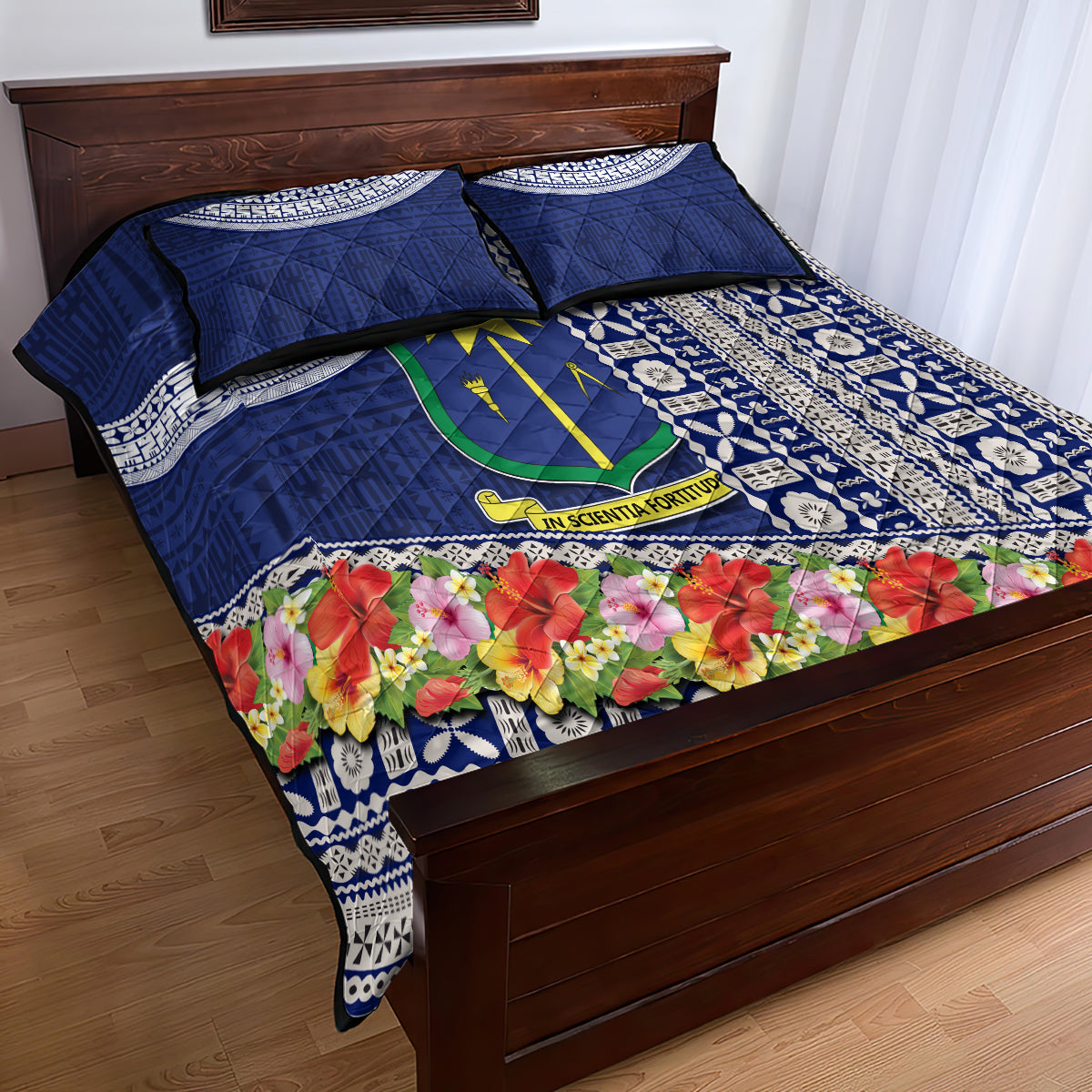 Fiji Natabua High School Quilt Bed Set Tropical Flower and Tapa Pattern Blue Style LT03 - Polynesian Pride