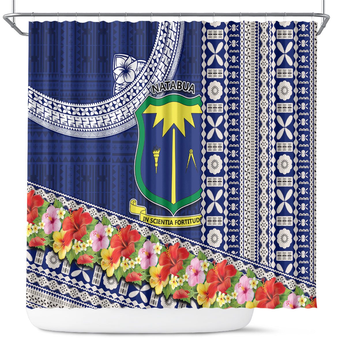 Fiji Natabua High School Shower Curtain Tropical Flower and Tapa Pattern Blue Style LT03 Blue - Polynesian Pride