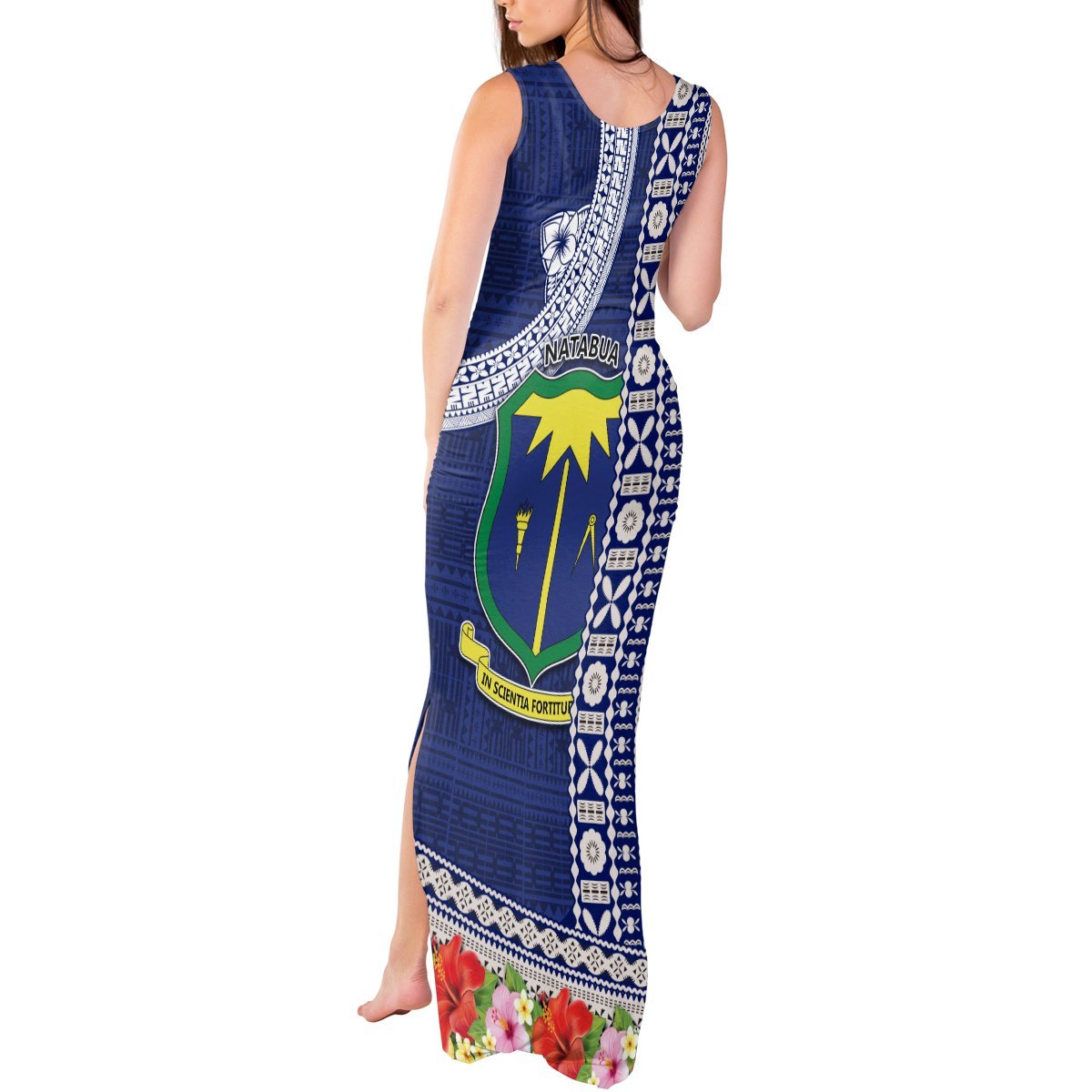Fiji Natabua High School Tank Maxi Dress Tropical Flower and Tapa Pattern Blue Style LT03 - Polynesian Pride