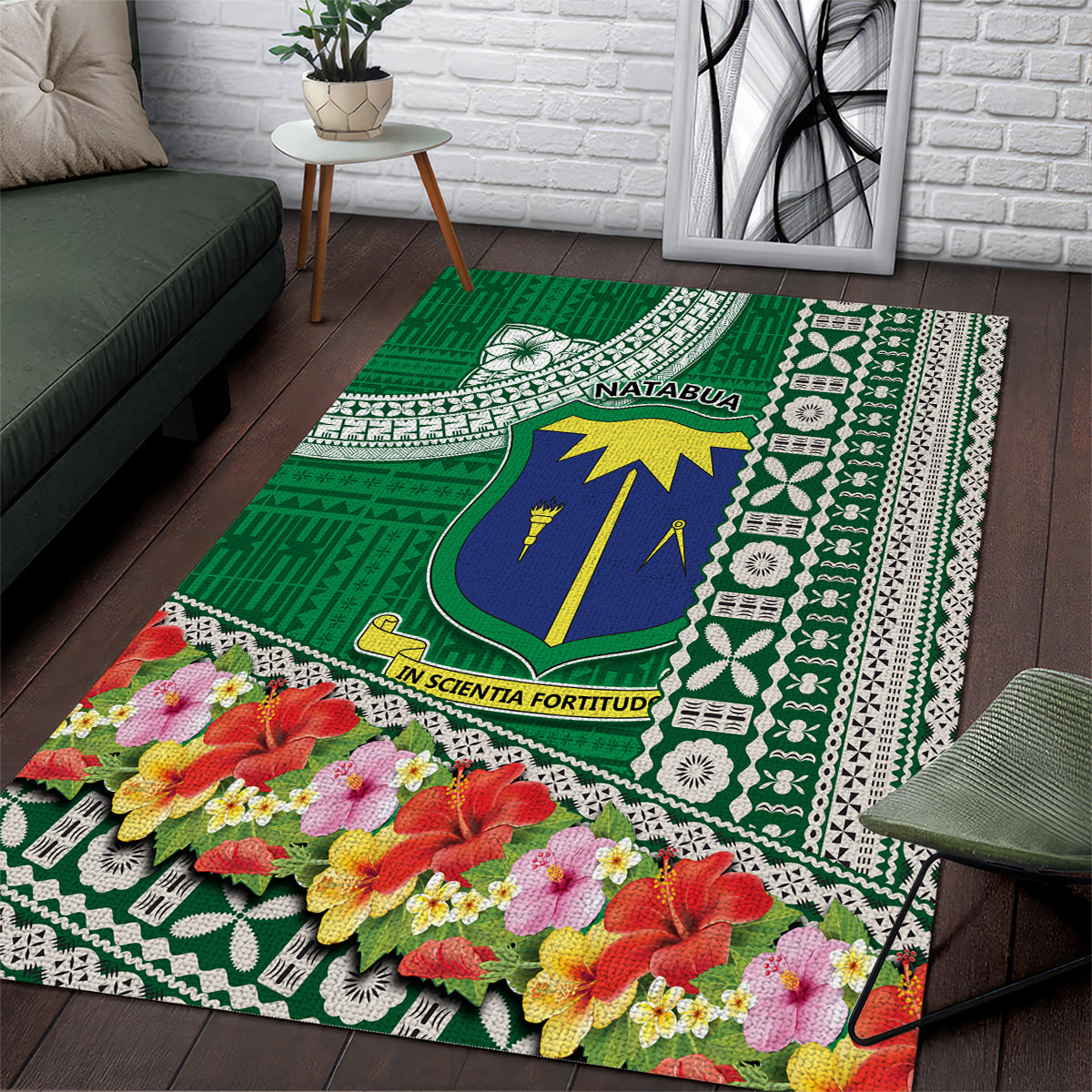 Fiji Natabua High School Area Rug Tropical Flower and Tapa Pattern Green Style LT03 Green - Polynesian Pride