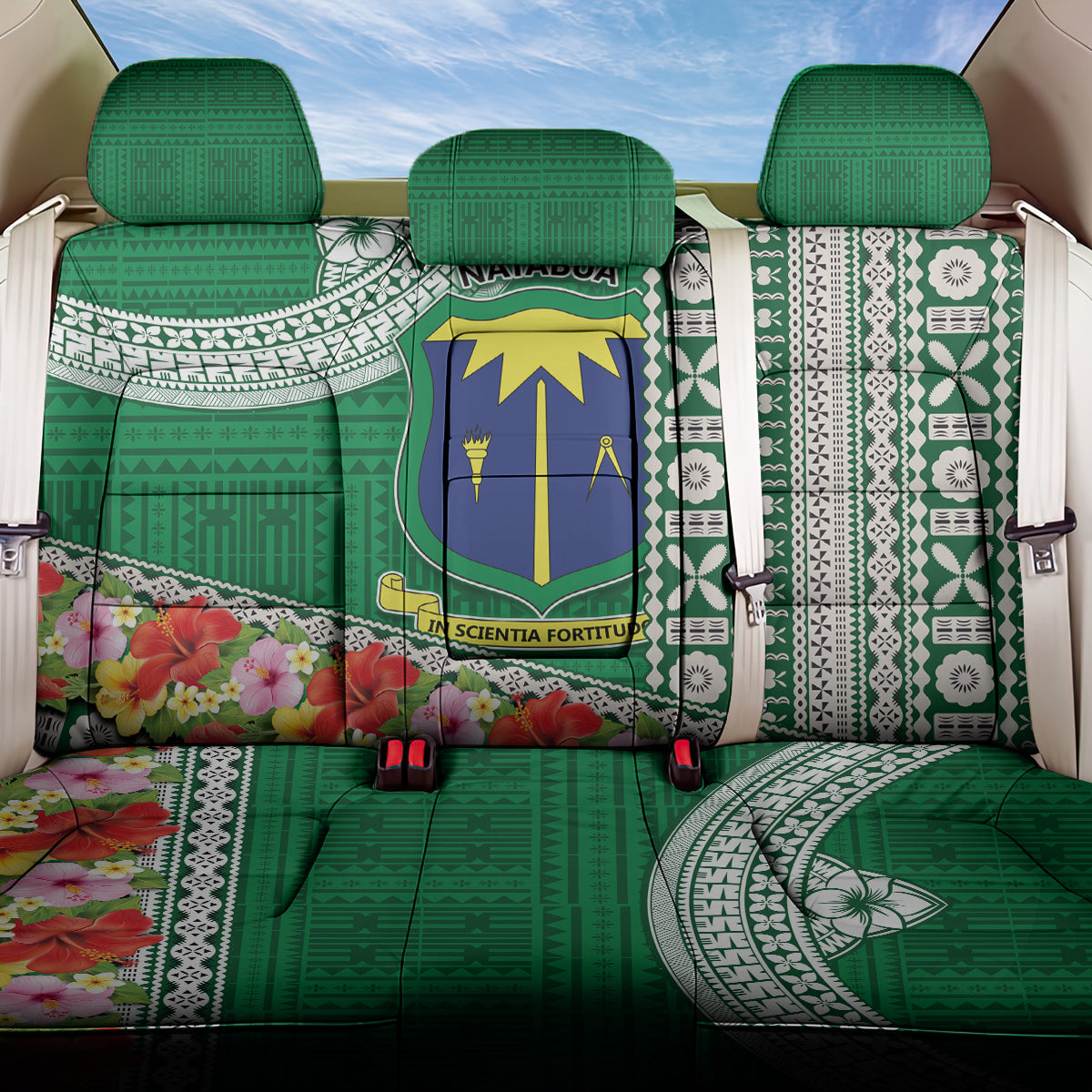 Fiji Natabua High School Back Car Seat Cover Tropical Flower and Tapa Pattern Green Style LT03 One Size Green - Polynesian Pride