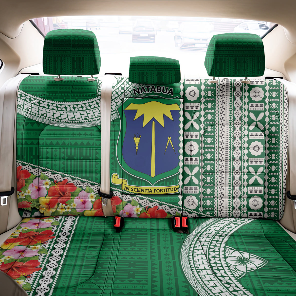 Fiji Natabua High School Back Car Seat Cover Tropical Flower and Tapa Pattern Green Style LT03 - Polynesian Pride