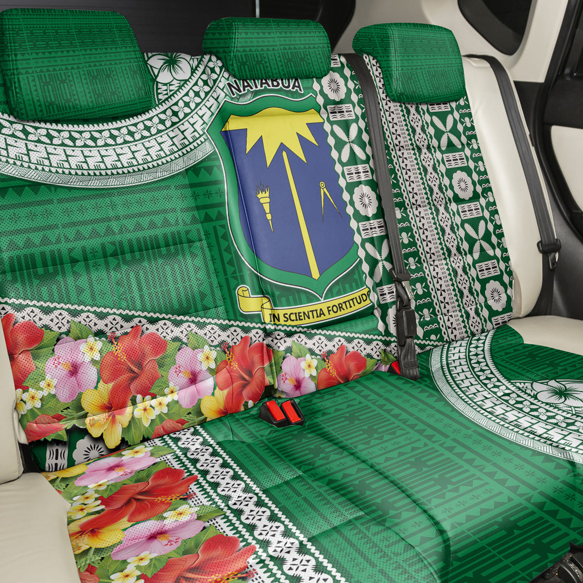 Fiji Natabua High School Back Car Seat Cover Tropical Flower and Tapa Pattern Green Style LT03 - Polynesian Pride