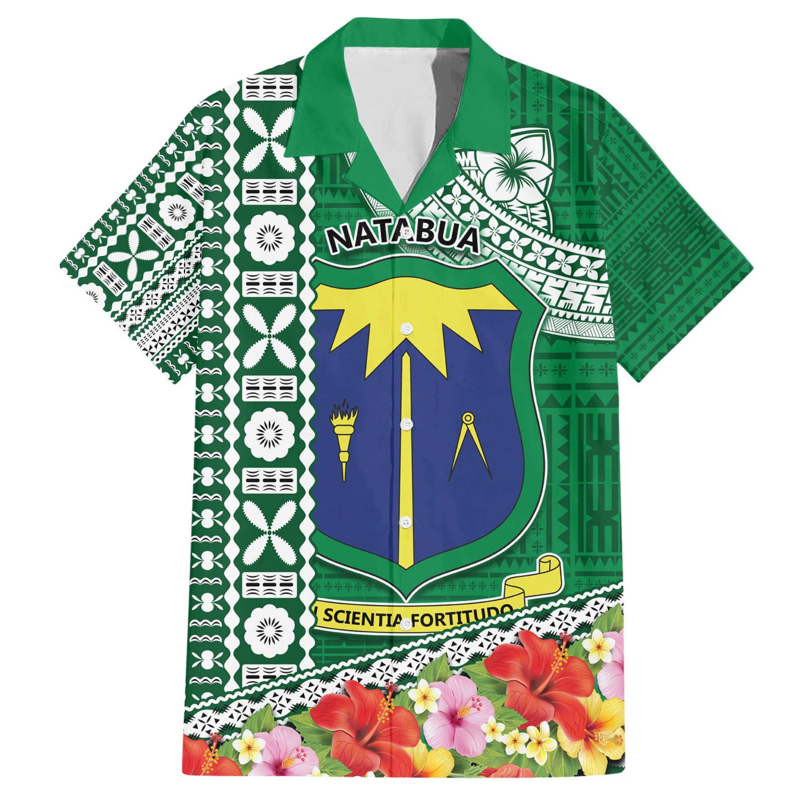 Fiji Natabua High School Hawaiian Shirt Tropical Flower and Tapa Pattern Green Style LT03 Green - Polynesian Pride