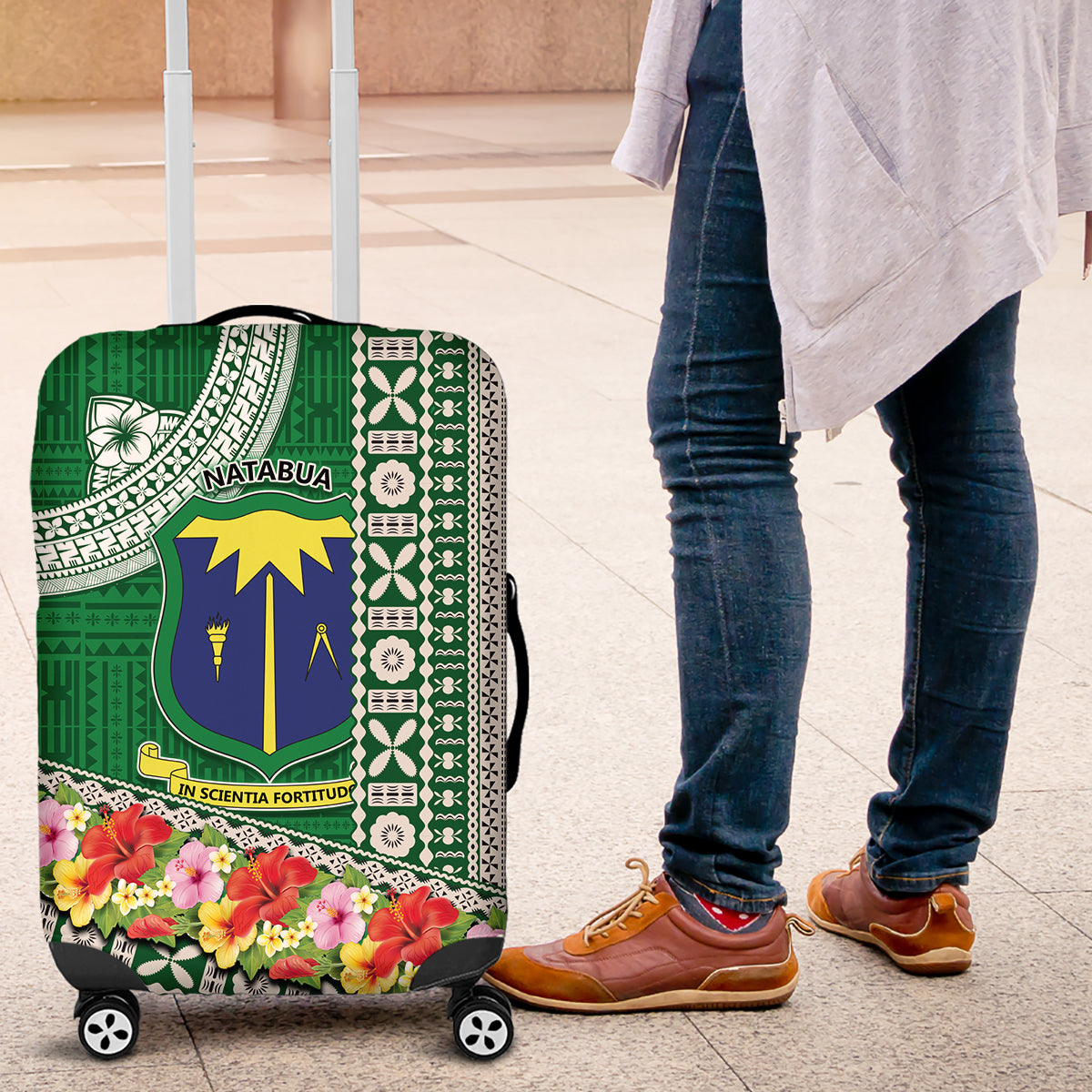 Fiji Natabua High School Luggage Cover Tropical Flower and Tapa Pattern Green Style LT03 Green - Polynesian Pride