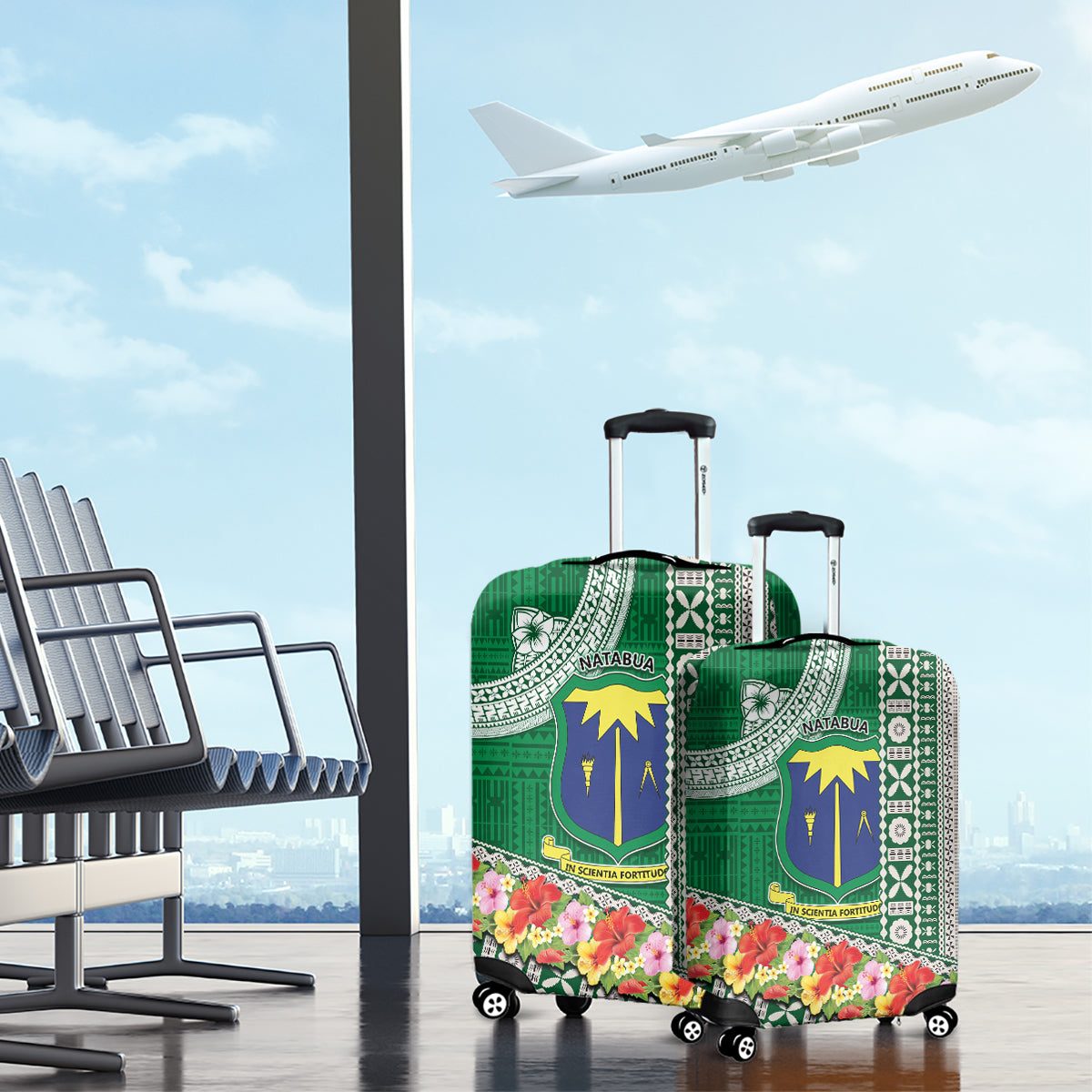 Fiji Natabua High School Luggage Cover Tropical Flower and Tapa Pattern Green Style LT03 - Polynesian Pride