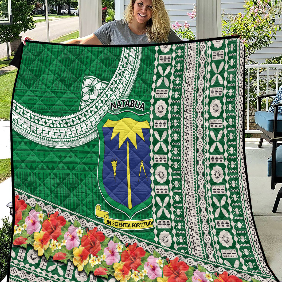 Fiji Natabua High School Quilt Tropical Flower and Tapa Pattern Green Style LT03 Green - Polynesian Pride