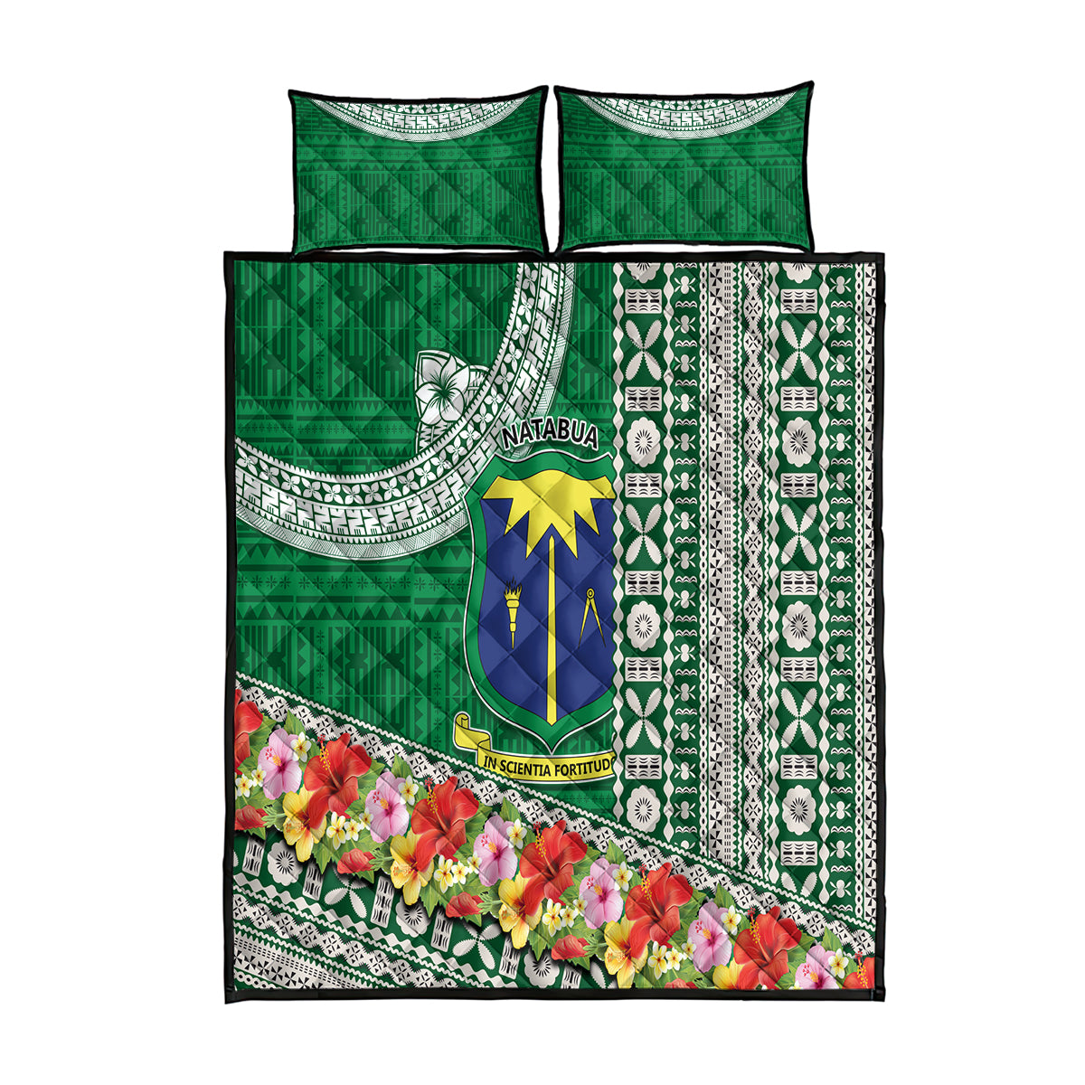Fiji Natabua High School Quilt Bed Set Tropical Flower and Tapa Pattern Green Style LT03 Green - Polynesian Pride