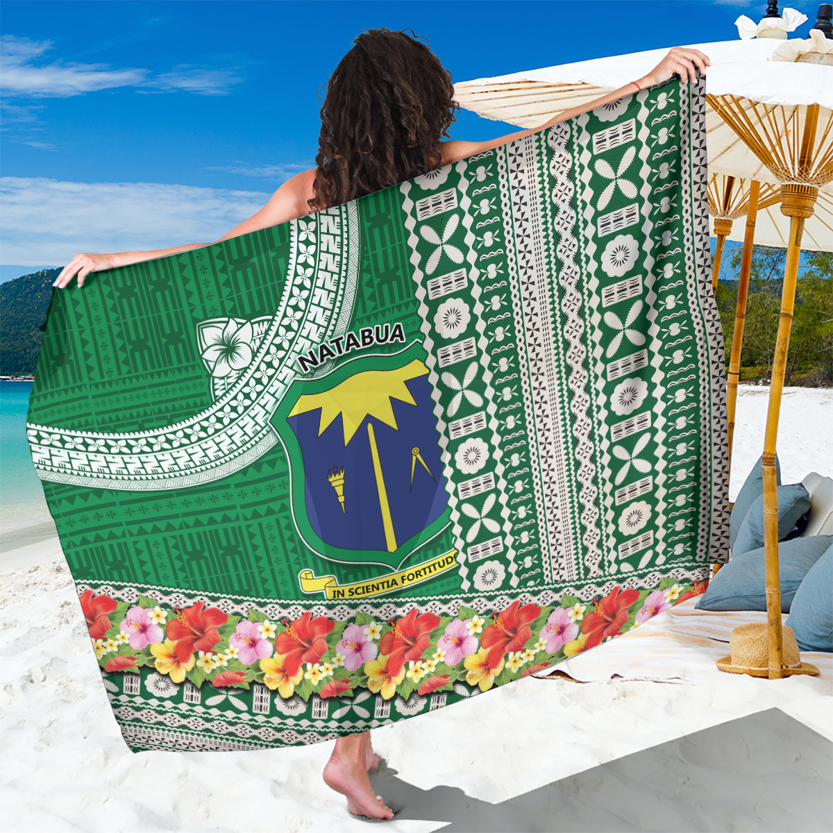 Fiji Natabua High School Sarong Tropical Flower and Tapa Pattern Green Style LT03 One Size 44 x 66 inches Green - Polynesian Pride