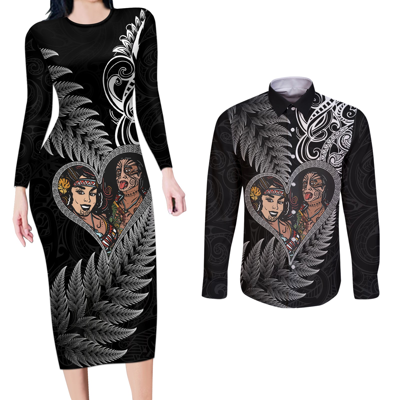 New Zealand Valentine Day Couples Matching Long Sleeve Bodycon Dress and Long Sleeve Button Shirt Aotearoa Warrior and Woman Love Heart Silver Fern Koru LT03 Black - Polynesian Pride