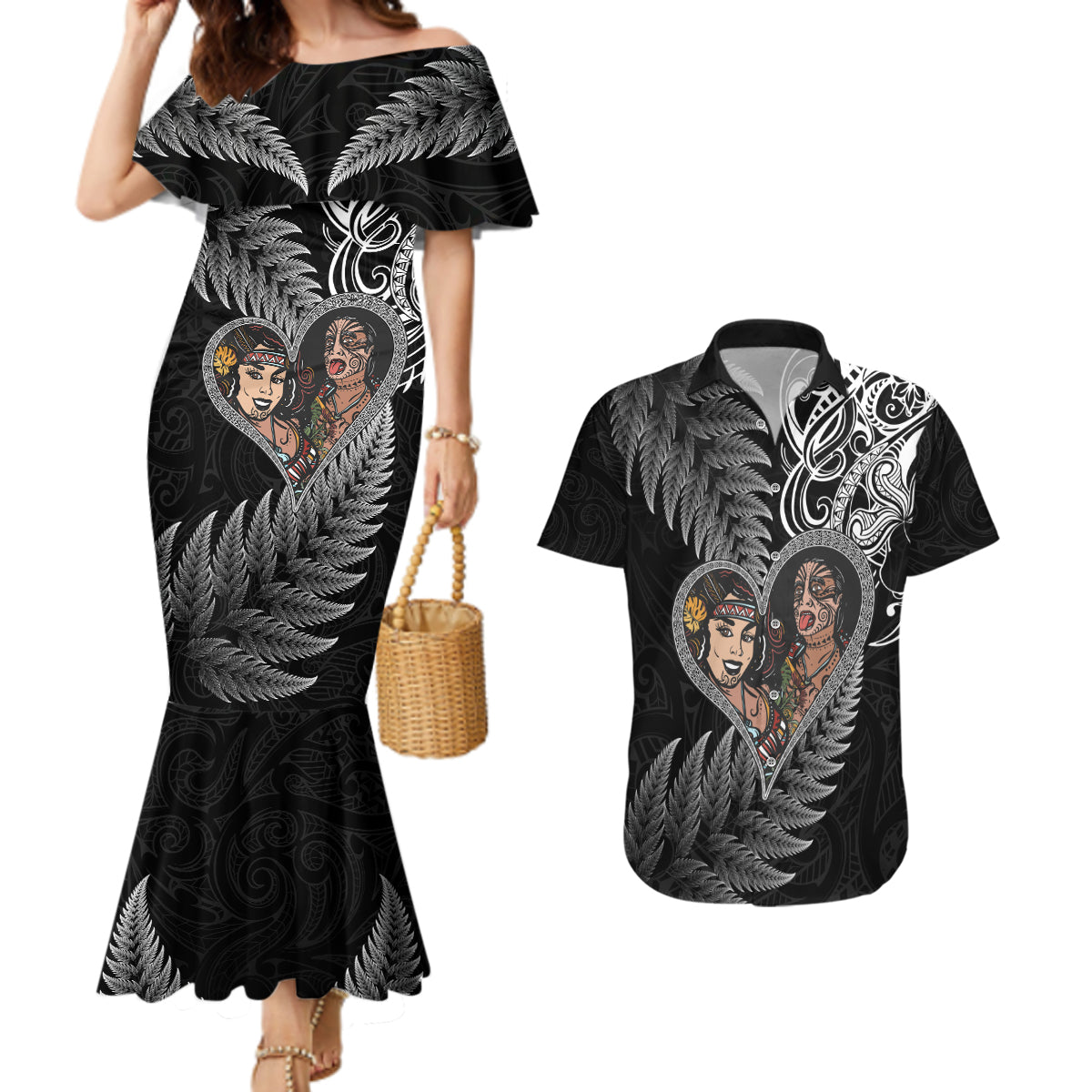 New Zealand Valentine Day Couples Matching Mermaid Dress and Hawaiian Shirt Aotearoa Warrior and Woman Love Heart Silver Fern Koru LT03 Black - Polynesian Pride