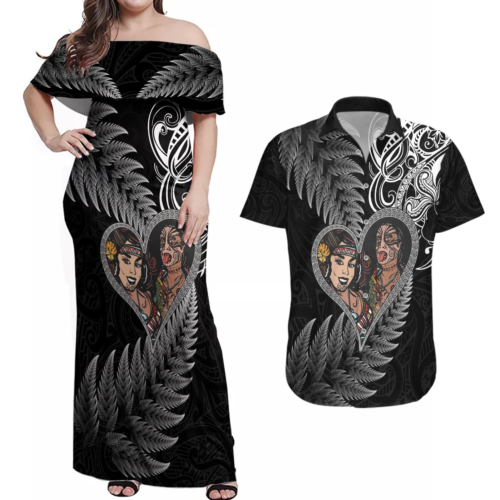 New Zealand Valentine Day Couples Matching Off Shoulder Maxi Dress and Hawaiian Shirt Aotearoa Warrior and Woman Love Heart Silver Fern Koru LT03 Black - Polynesian Pride