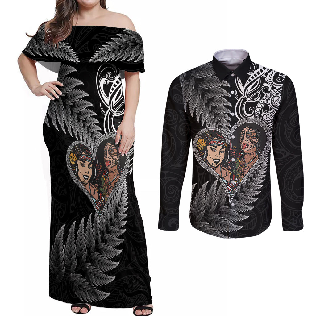 New Zealand Valentine Day Couples Matching Off Shoulder Maxi Dress and Long Sleeve Button Shirt Aotearoa Warrior and Woman Love Heart Silver Fern Koru LT03 Black - Polynesian Pride