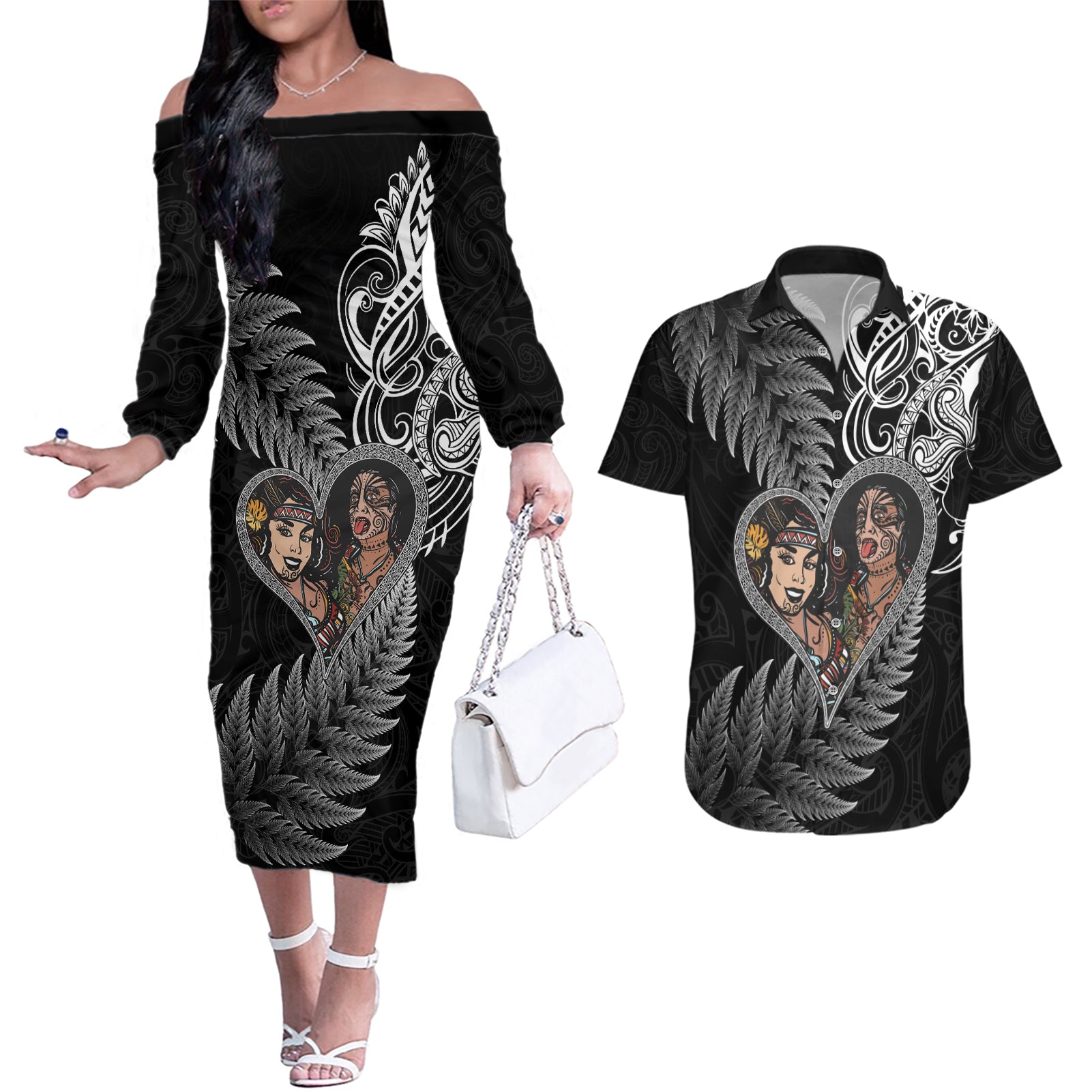 New Zealand Valentine Day Couples Matching Off The Shoulder Long Sleeve Dress and Hawaiian Shirt Aotearoa Warrior and Woman Love Heart Silver Fern Koru LT03 Black - Polynesian Pride