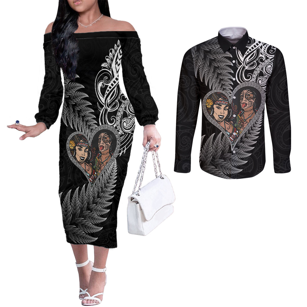 New Zealand Valentine Day Couples Matching Off The Shoulder Long Sleeve Dress and Long Sleeve Button Shirt Aotearoa Warrior and Woman Love Heart Silver Fern Koru LT03 Black - Polynesian Pride