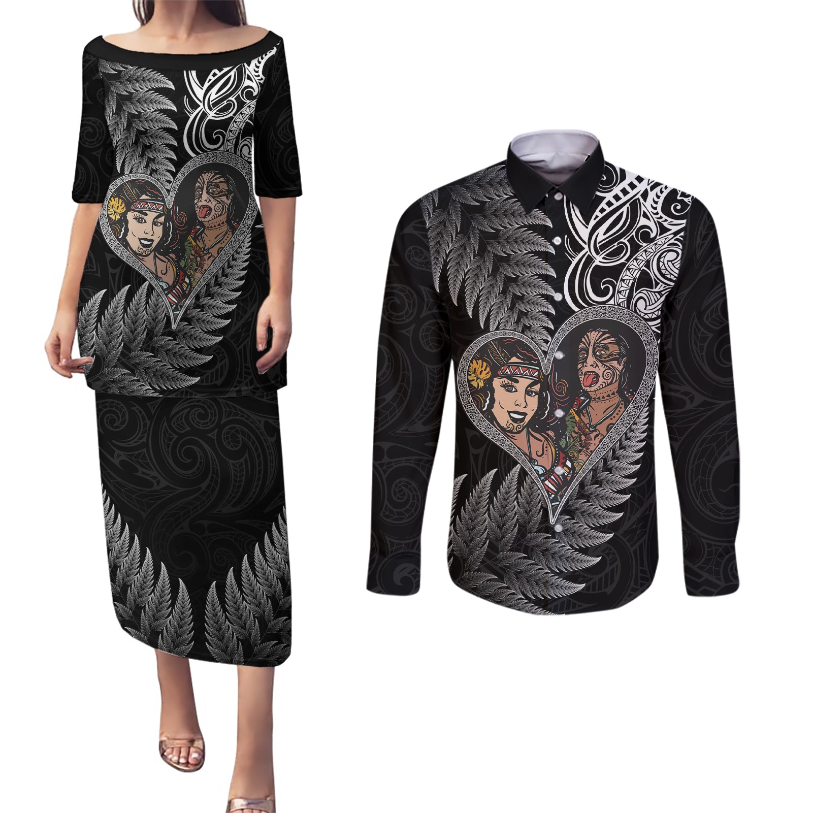 New Zealand Valentine Day Couples Matching Puletasi and Long Sleeve Button Shirt Aotearoa Warrior and Woman Love Heart Silver Fern Koru LT03 Black - Polynesian Pride