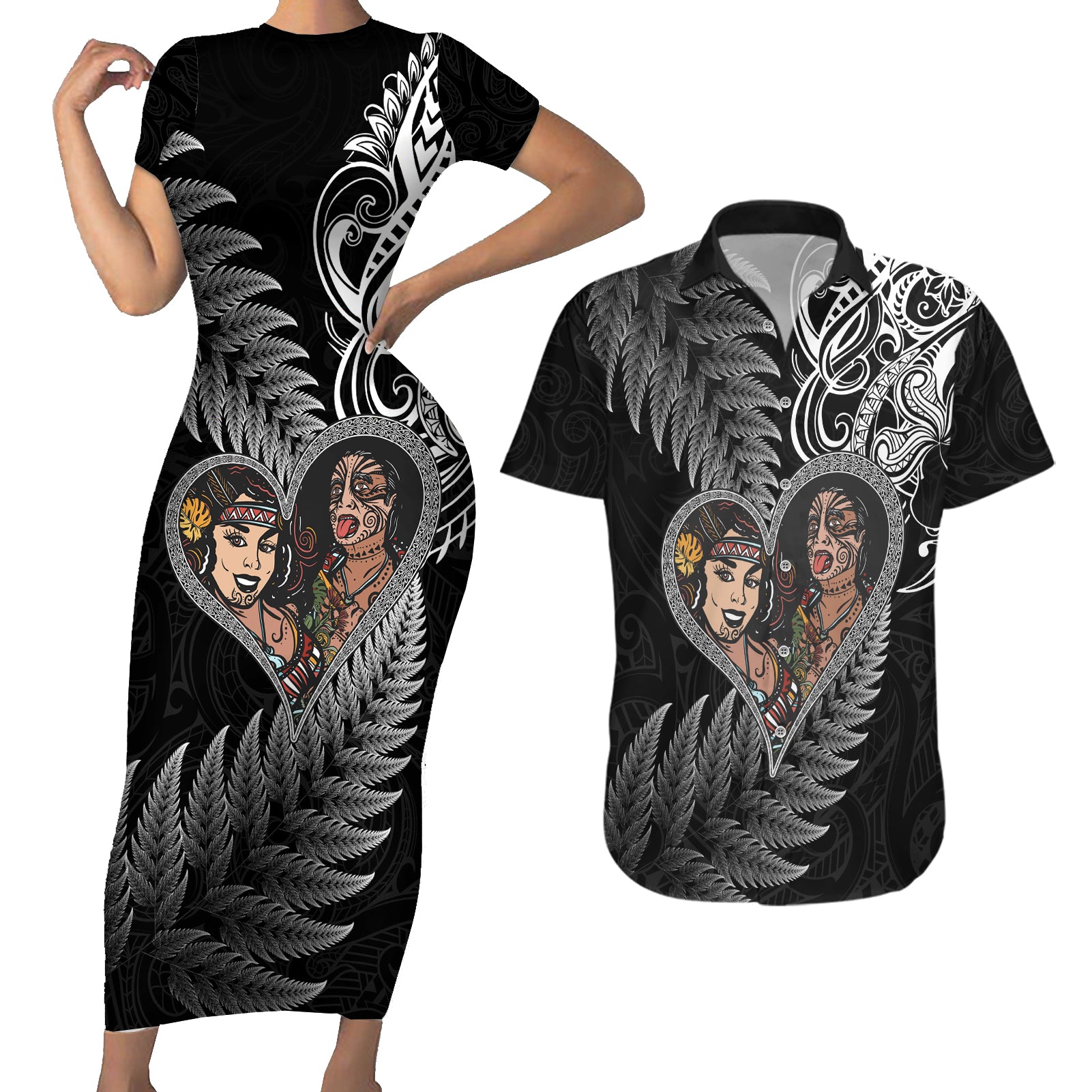 New Zealand Valentine Day Couples Matching Short Sleeve Bodycon Dress and Hawaiian Shirt Aotearoa Warrior and Woman Love Heart Silver Fern Koru LT03 Black - Polynesian Pride