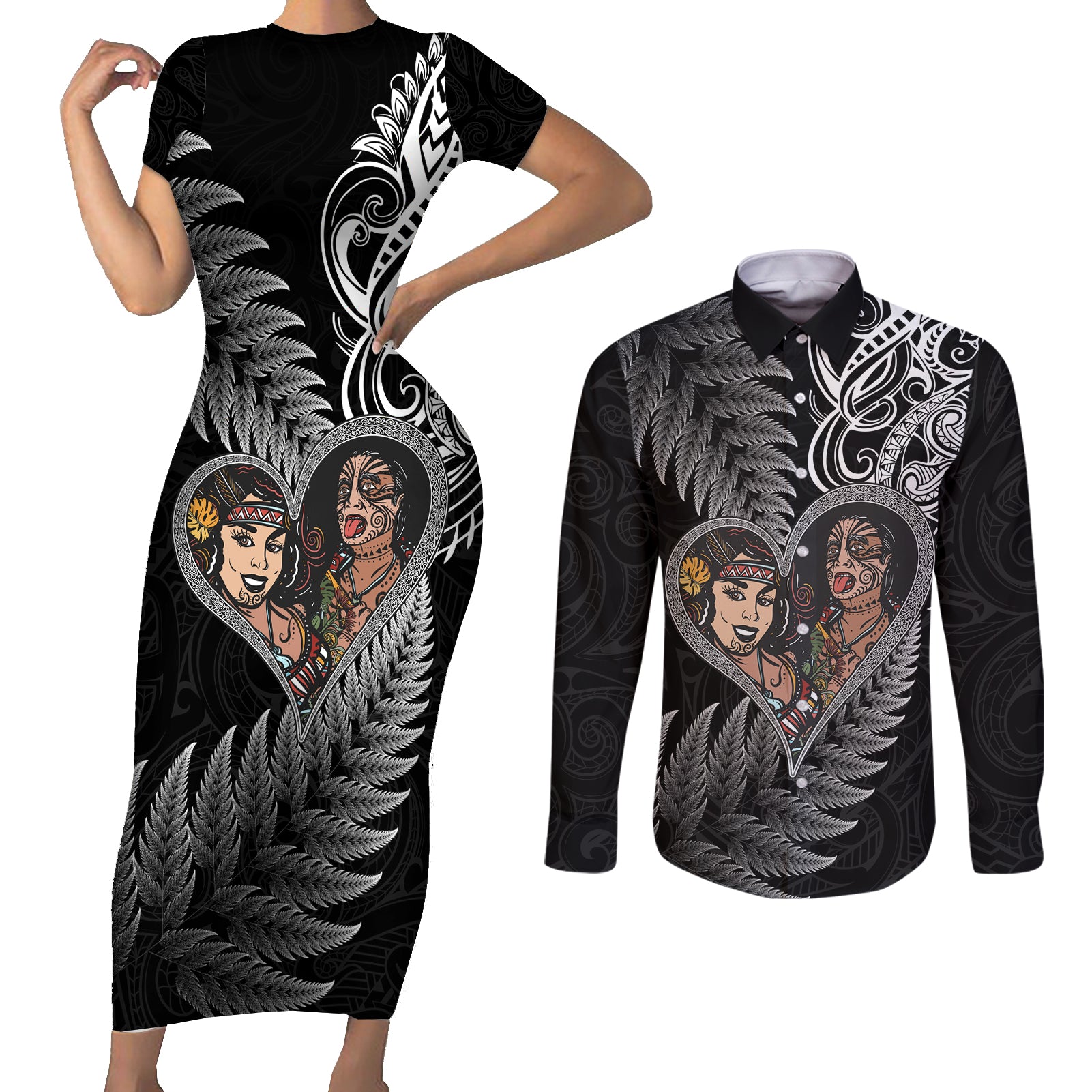 New Zealand Valentine Day Couples Matching Short Sleeve Bodycon Dress and Long Sleeve Button Shirt Aotearoa Warrior and Woman Love Heart Silver Fern Koru LT03 Black - Polynesian Pride