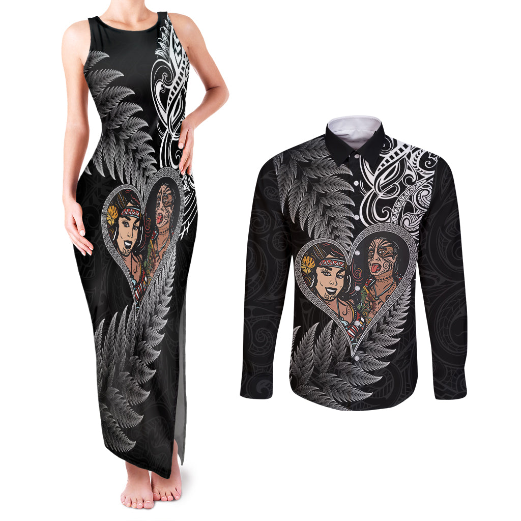 New Zealand Valentine Day Couples Matching Tank Maxi Dress and Long Sleeve Button Shirt Aotearoa Warrior and Woman Love Heart Silver Fern Koru LT03 Black - Polynesian Pride