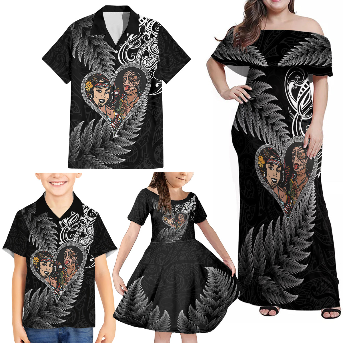 New Zealand Valentine Day Family Matching Off Shoulder Maxi Dress and Hawaiian Shirt Aotearoa Warrior and Woman Love Heart Silver Fern Koru LT03 - Polynesian Pride