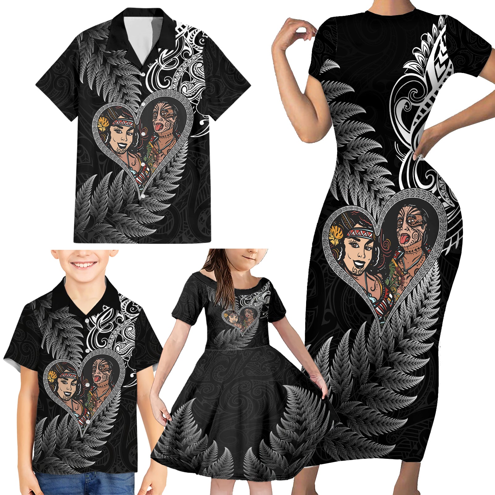 New Zealand Valentine Day Family Matching Short Sleeve Bodycon Dress and Hawaiian Shirt Aotearoa Warrior and Woman Love Heart Silver Fern Koru LT03 - Polynesian Pride