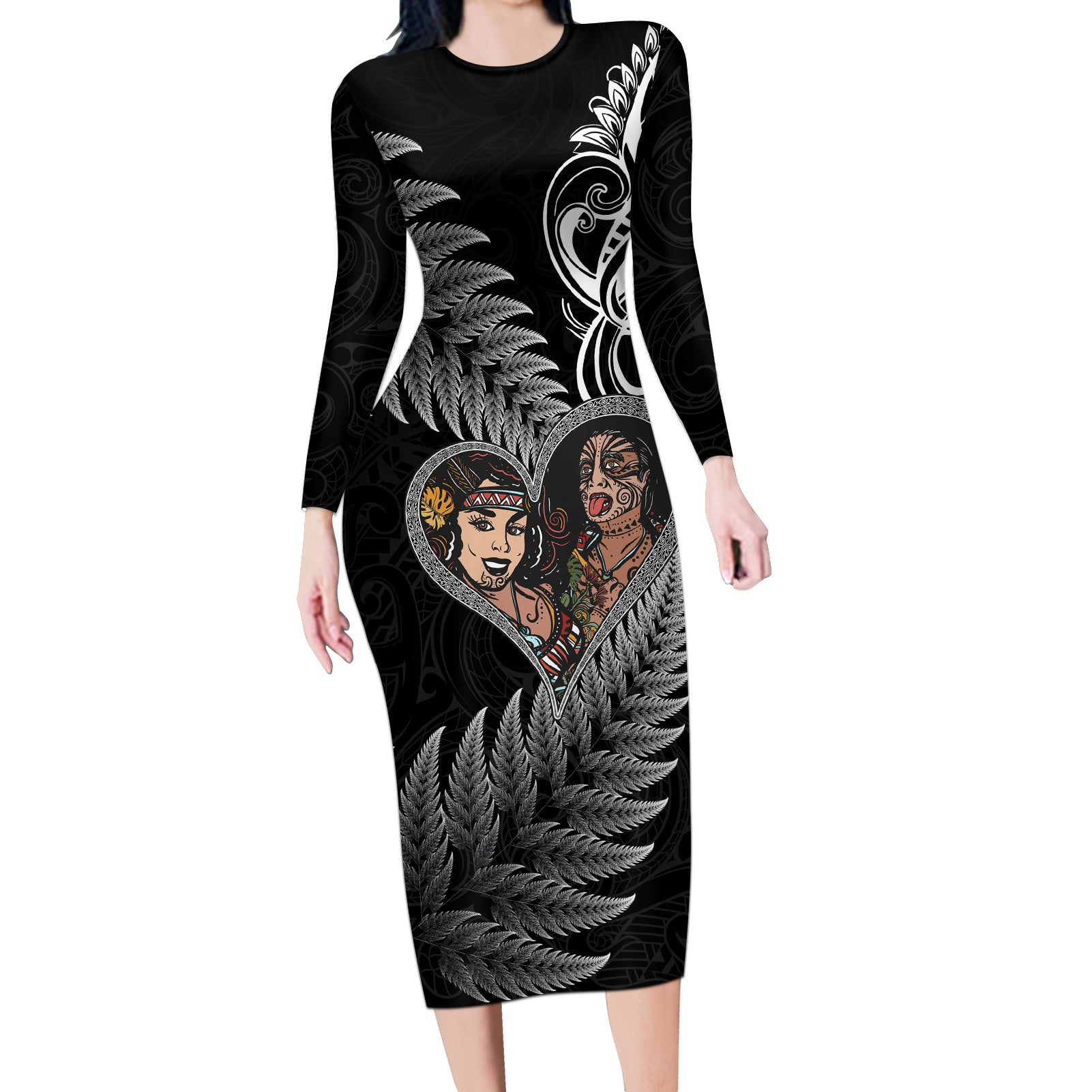 New Zealand Valentine Day Long Sleeve Bodycon Dress Aotearoa Warrior and Woman Love Heart Silver Fern Koru LT03 Long Dress Black - Polynesian Pride