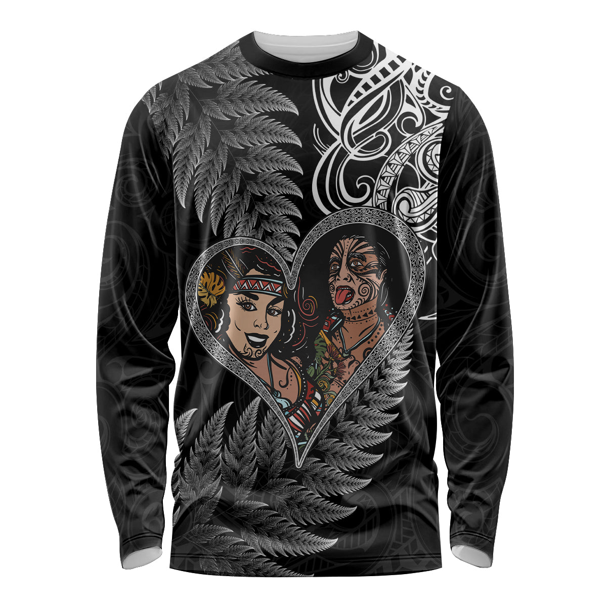 New Zealand Valentine Day Long Sleeve Shirt Aotearoa Warrior and Woman Love Heart Silver Fern Koru LT03 Unisex Black - Polynesian Pride