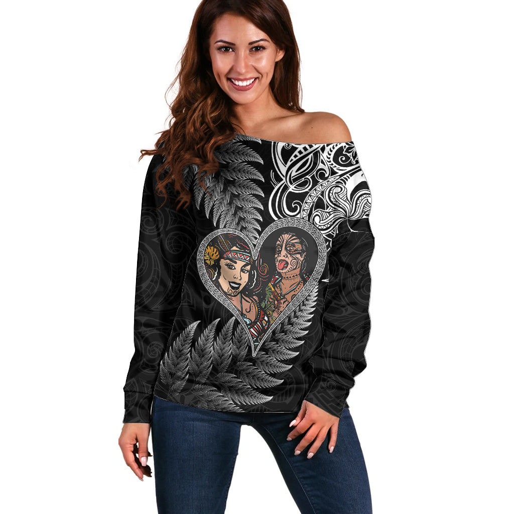 New Zealand Valentine Day Off Shoulder Sweater Aotearoa Warrior and Woman Love Heart Silver Fern Koru LT03 Women Black - Polynesian Pride