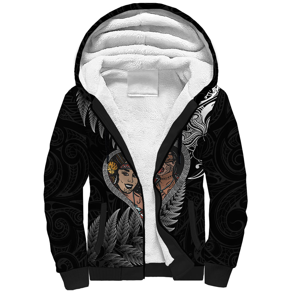 New Zealand Valentine Day Sherpa Hoodie Aotearoa Warrior and Woman Love Heart Silver Fern Koru LT03 Unisex Black - Polynesian Pride