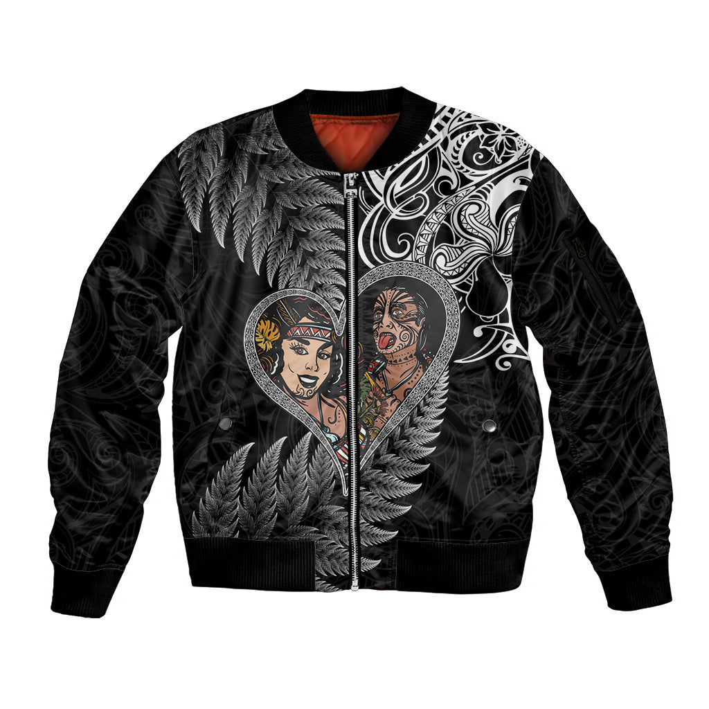 New Zealand Valentine Day Sleeve Zip Bomber Jacket Aotearoa Warrior and Woman Love Heart Silver Fern Koru LT03 Unisex Black - Polynesian Pride