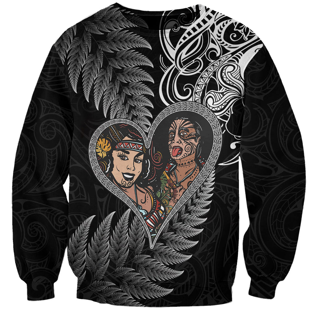 New Zealand Valentine Day Sweatshirt Aotearoa Warrior and Woman Love Heart Silver Fern Koru LT03 Unisex Black - Polynesian Pride