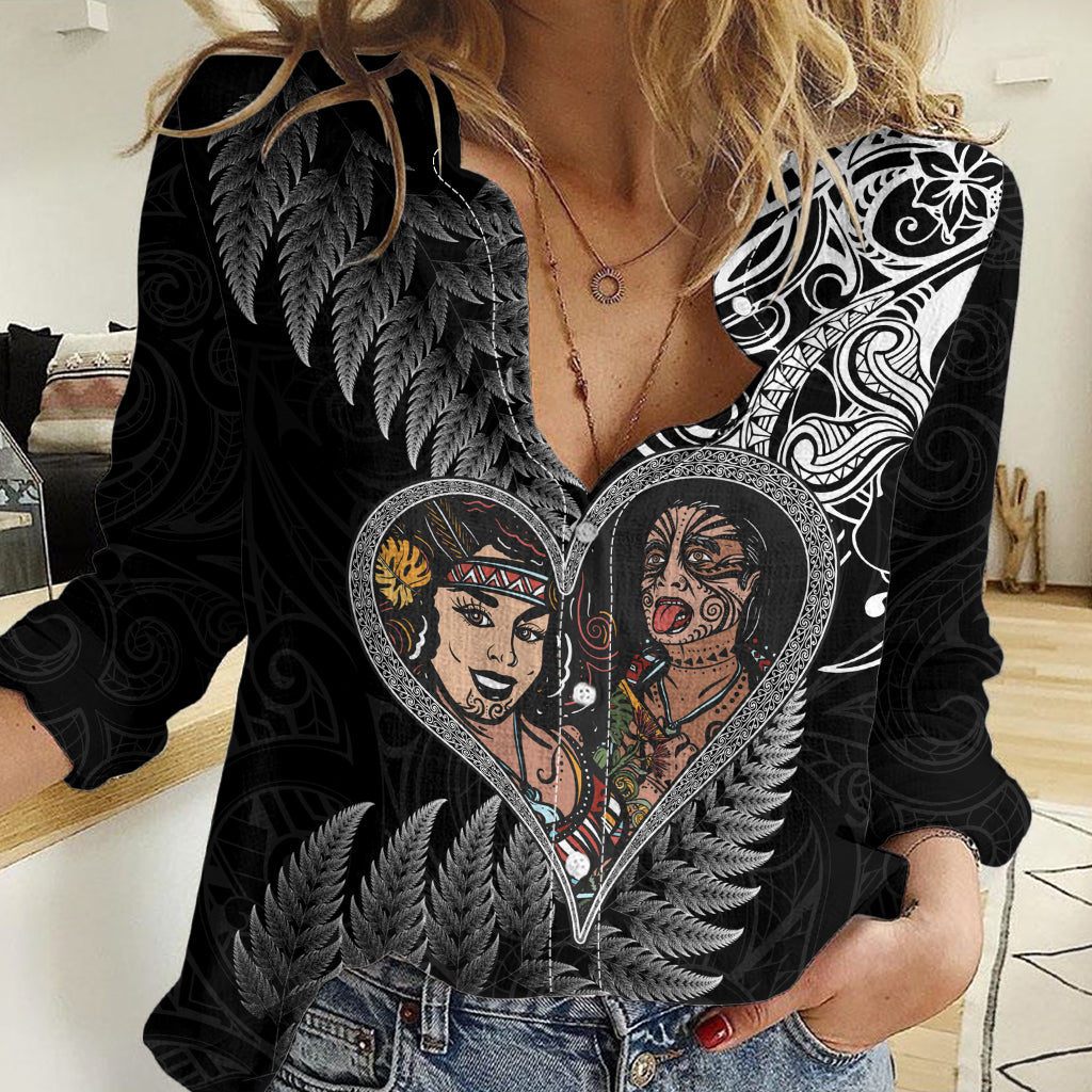 New Zealand Valentine Day Women Casual Shirt Aotearoa Warrior and Woman Love Heart Silver Fern Koru LT03 Female Black - Polynesian Pride