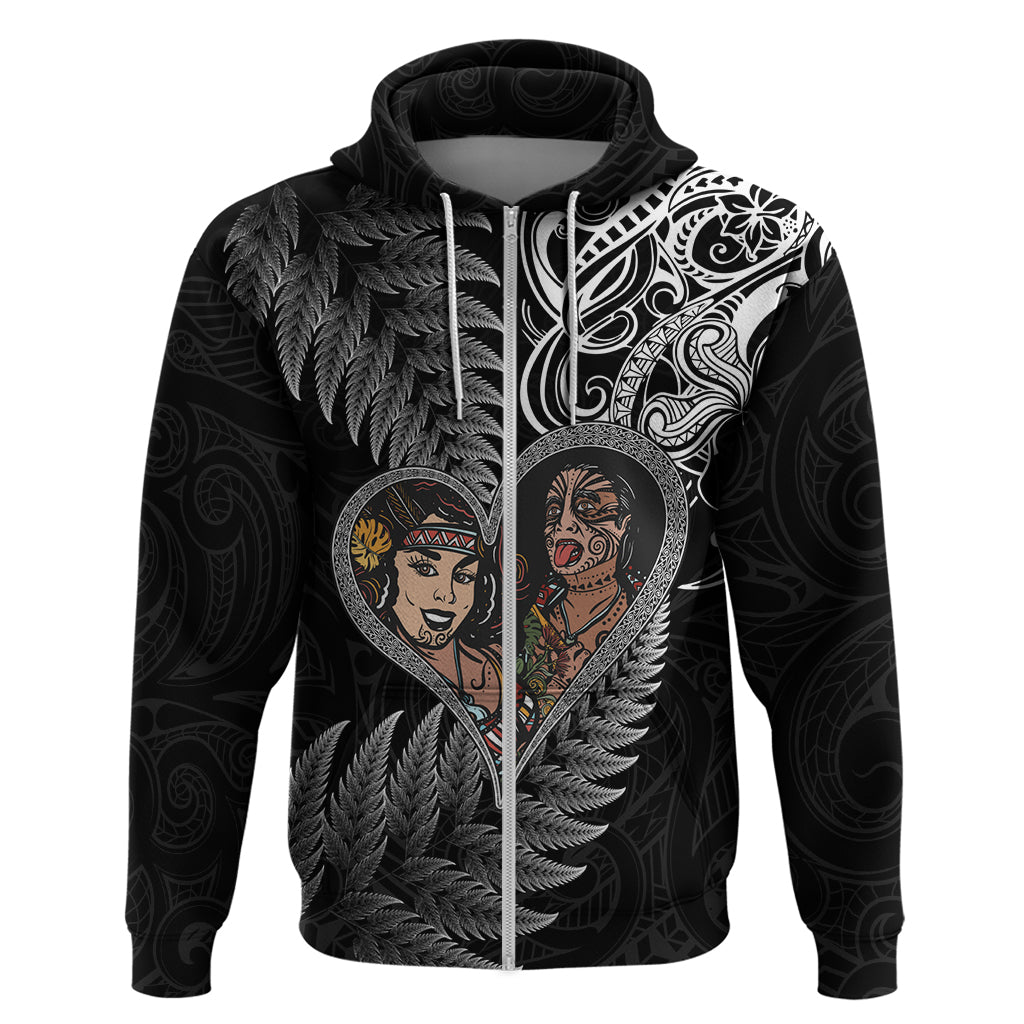 New Zealand Valentine Day Zip Hoodie Aotearoa Warrior and Woman Love Heart Silver Fern Koru LT03 Zip Hoodie Black - Polynesian Pride