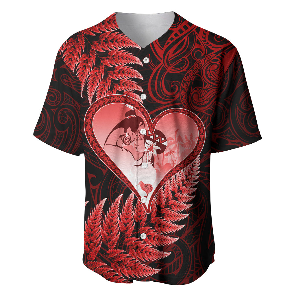 New Zealand Valentine Day Baseball Jersey Aotearoa Warrior and Woman Love Story Silver Fern Koru Red Style LT03 Red - Polynesian Pride