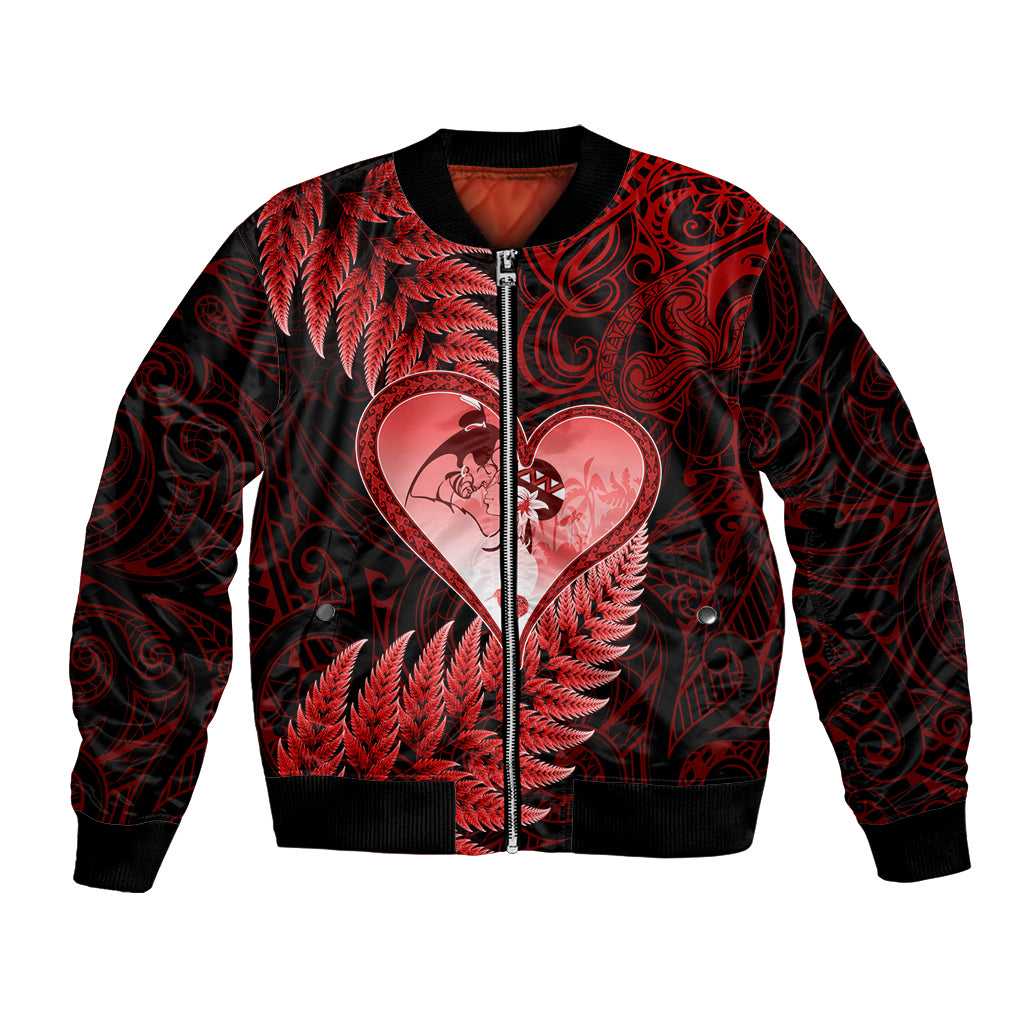 New Zealand Valentine Day Bomber Jacket Aotearoa Warrior and Woman Love Story Silver Fern Koru Red Style LT03 Unisex Red - Polynesian Pride